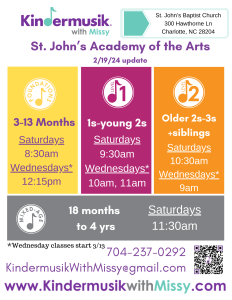 A graphic listing each class offered for Kindermusik at St. John's
